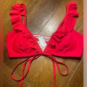 Cupshe Red Ruffle Bikini Top Only Sz L Tie Front Removable Pads